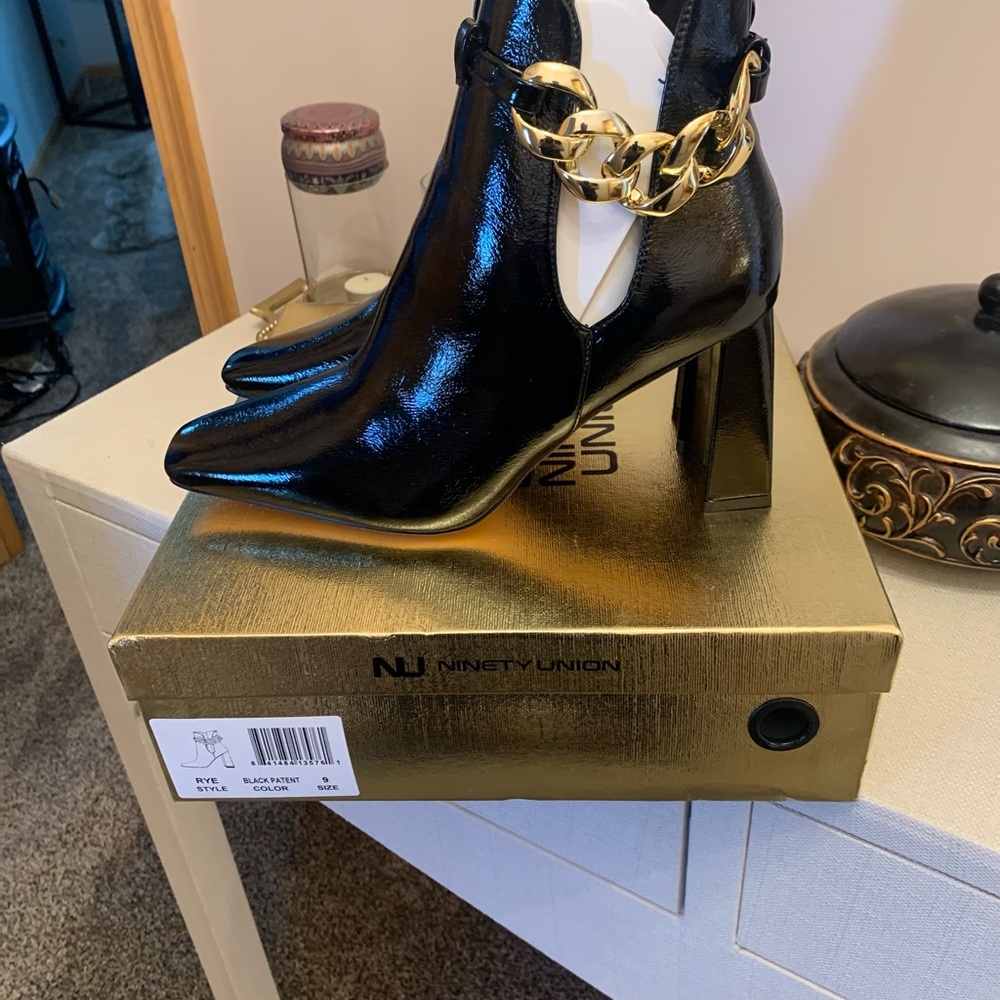 Ninety Union Black Heeled Boots with Gold Chain - Picture 3 of 4